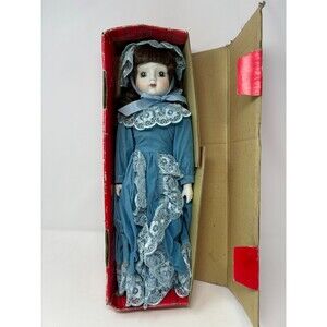 Vintage Porcelain Doll 16-18” Blue Dress Lace Bonnet Brown Hair w/ Box